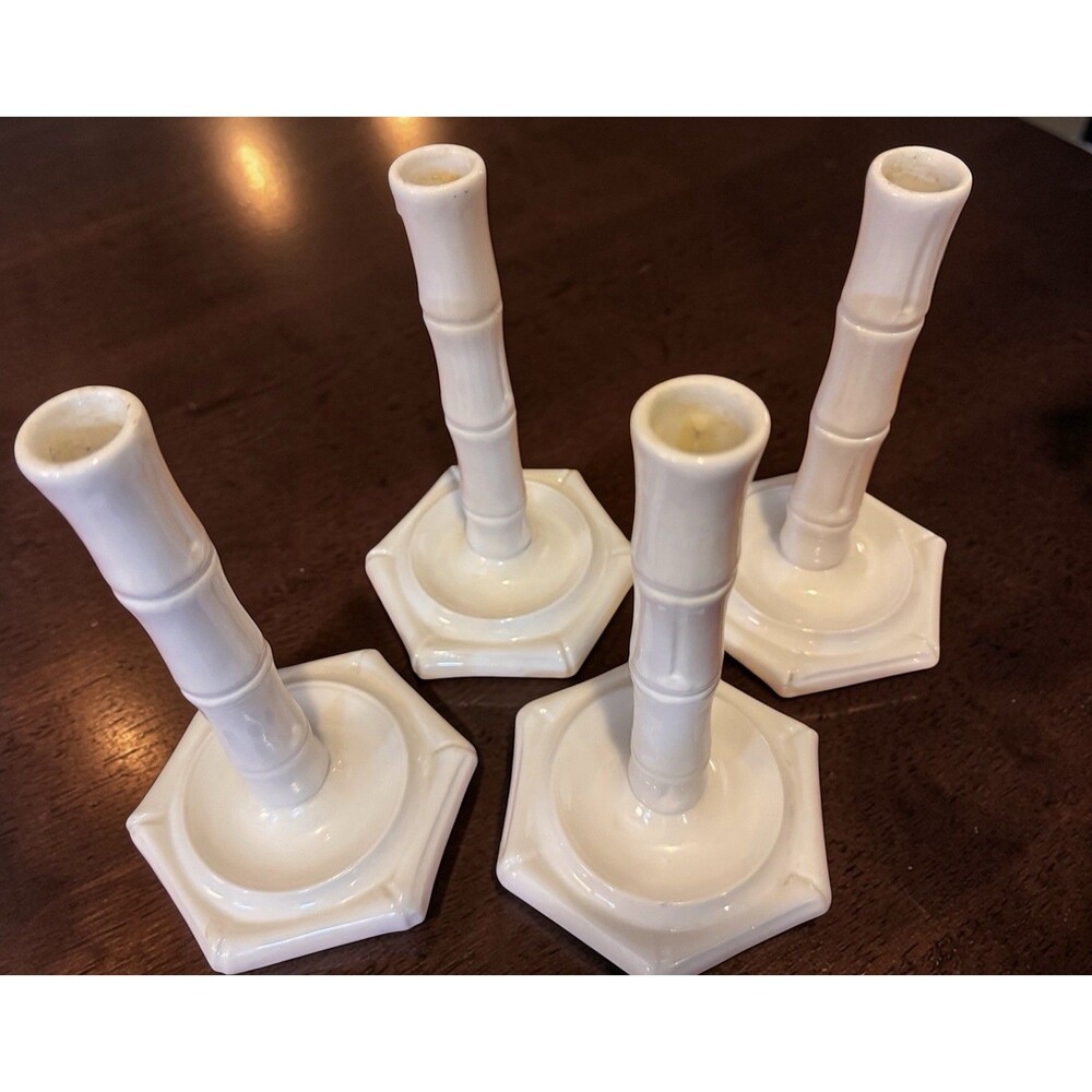 Vintage White Porcelain Este Ceramiche Porcellane Bamboo-Style Candlestick, 4pcs